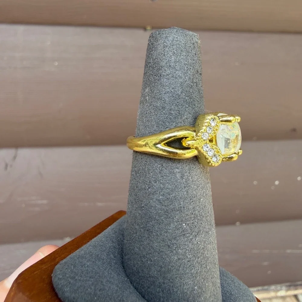 Gold Tone Oval Faux Fire Opal Ring Rhinestone Accents Size 6